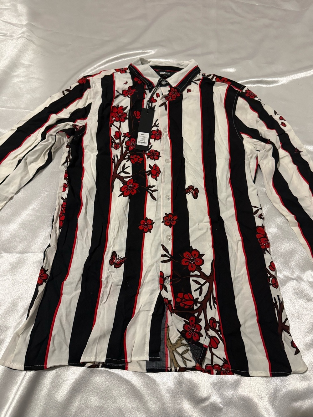 Men's Floral Stripe Button-Up Shirt - Black/White/Red size M